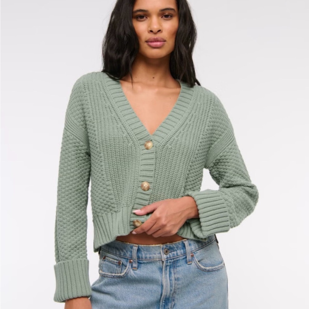 Abercrombie and Fitch Green Cotton-Blend Seed Stitch Cardigan